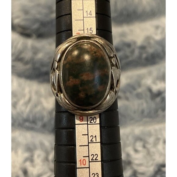 Vintage Sterling Silver Brown Black Stone Agate Ring Size 8 Chunky Floral Band‎ - Picture 1 of 4
